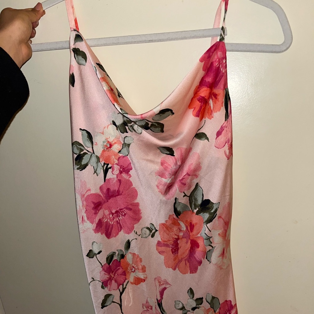Silk floral strappy dress with draping neckline